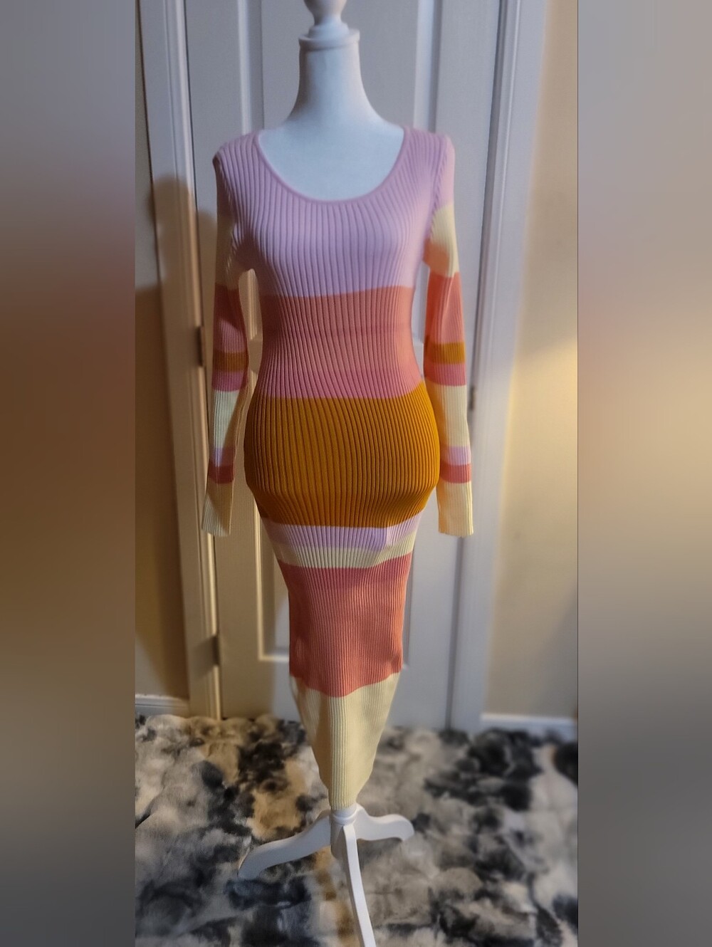 Ribbed Colorblock Midi Dress in Pink, Mustard & Cream